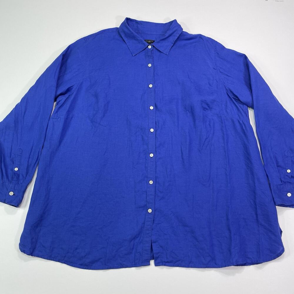 Talbots 100% Linen Button Up Shirt Women’s 2XL Blue Long Sleeve Collar Summer